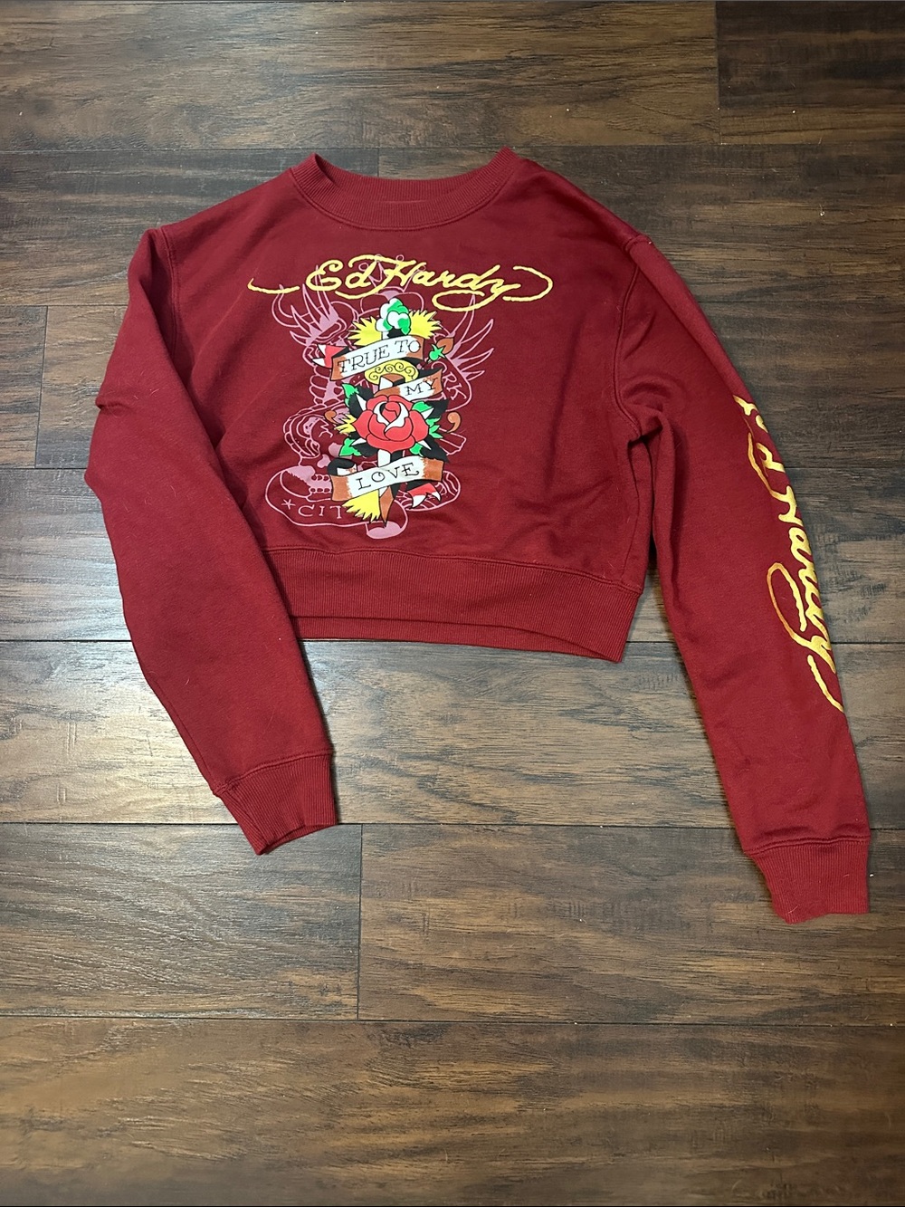 Ed Hardy Red Cropped Tattoo-Graphic Sweatshirt